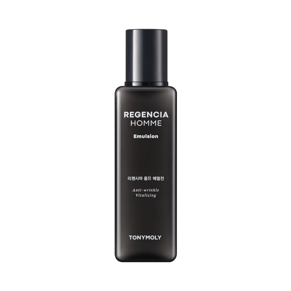 TONYMOLY Regencia Homme Emulsion 150ml de TONYMOLY, flacon noir et argent sur fond noir, contexte skincare visage homme.