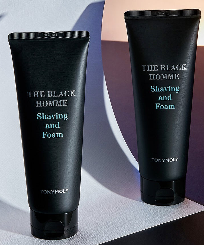 TONYMOLY The Black Homme Shaving & Foam 150g : deux tubes noirs sur fond clair, aspect premium, marque TONYMOLY visible.