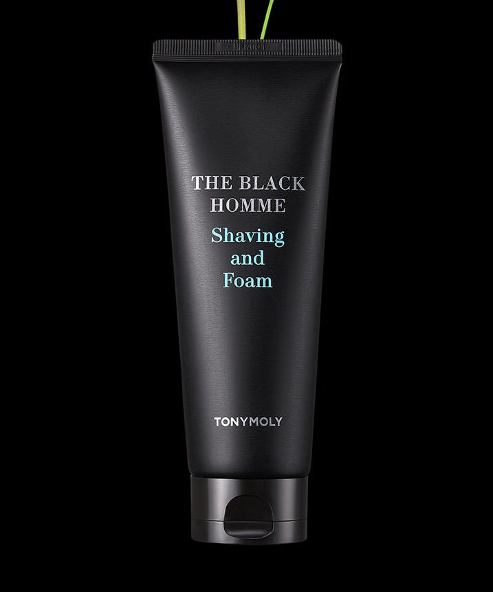 TONYMOLY The Black Homme Shaving & Foam 150g : tube de mousse à raser noir sur fond sombre, visuel produit