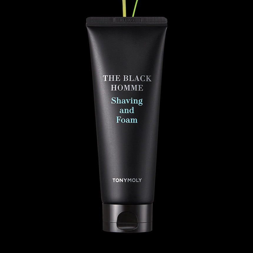 TONYMOLY The Black Homme Shaving & Foam 150g : tube de mousse à raser noir sur fond sombre, visuel produit