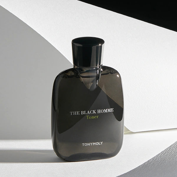 TONYMOLY The Black Homme Toner 160ml, flacon noir brillant sur fond blanc, produit de soin barbe homme