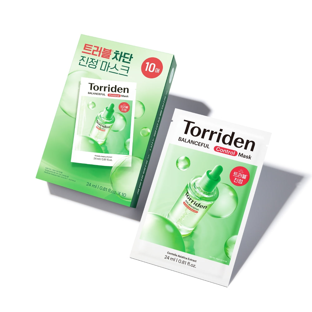 TORRIDEN Balanced Cica Control Mask 24ml x 10 sheets, masques Cica de la marque Torriden, sachets verts sur fond blanc.