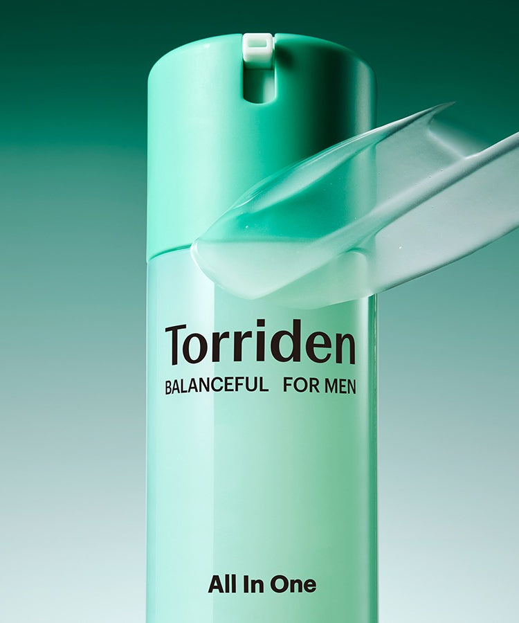 TORRIDEN Balanced For Men Cica Fresh All-in-One 200g, flacon vert sur fond vert, vue produit en gros plan, ambiance fraîche