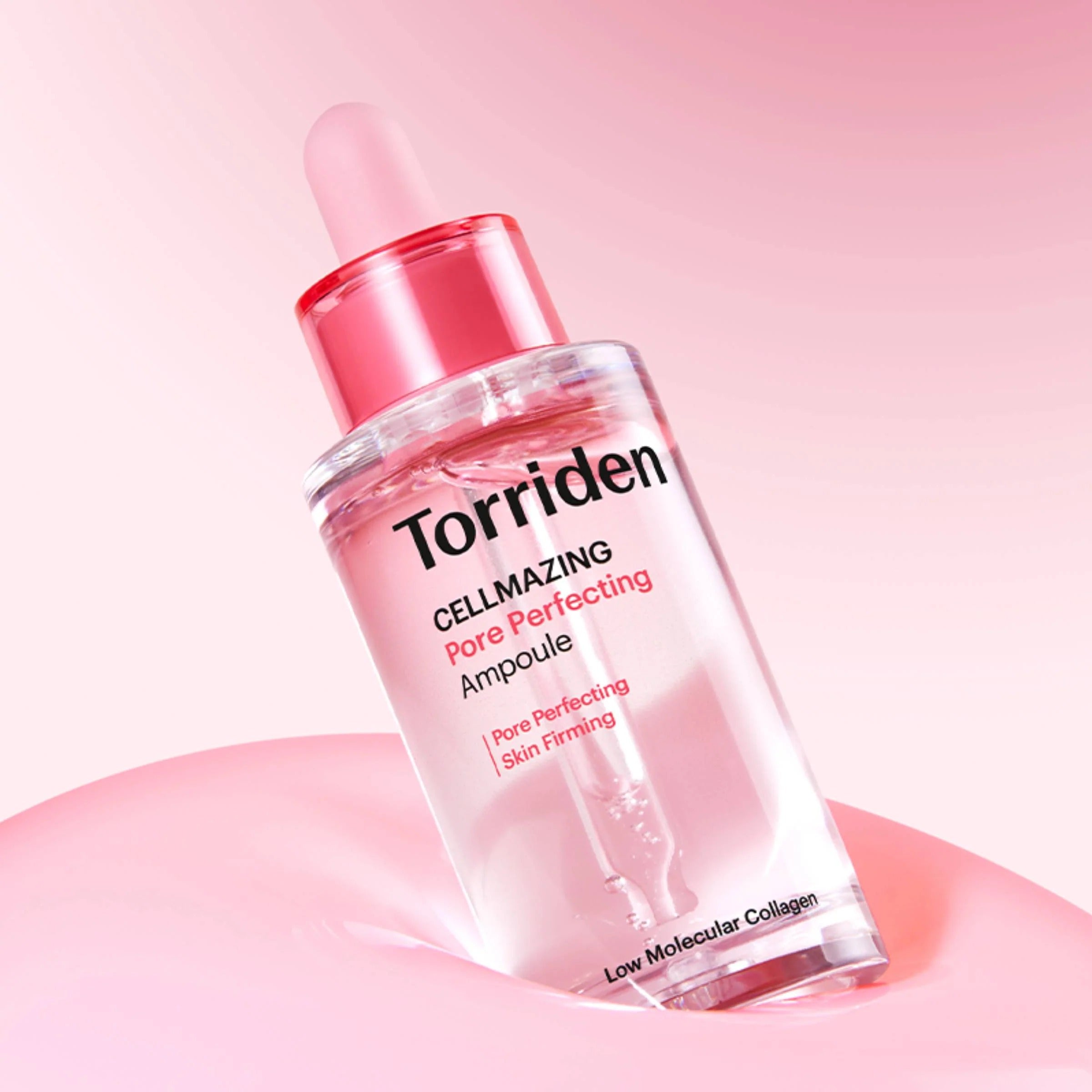 TORRIDEN Cellmazing Pore Perfecting Ampoule 30ml de la marque Torriden sur fond rose, flacon avec capuchon rouge.