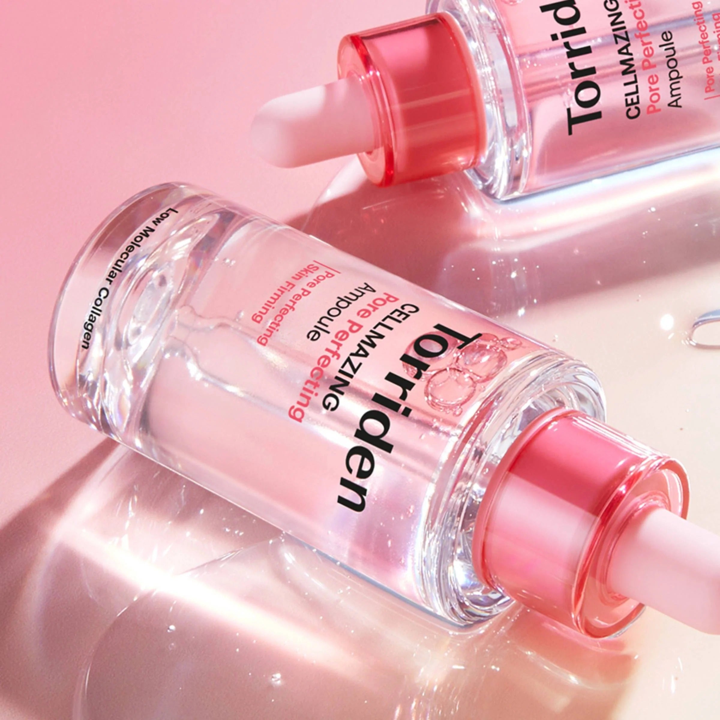 TORRIDEN Cellmazing Pore Perfecting Ampoule 30ml, flacons roses sur fond rose, vue rapprochée produit beauté.