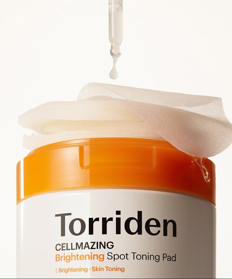 TORRIDEN Cellmizing Vita C brightening Trace Toning Pads 70 sheets, pot orange et pad blanc sur fond clair, image produit.