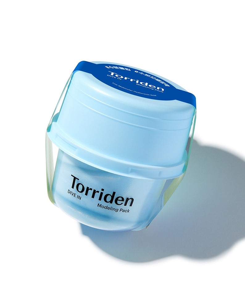 TORRIDEN Dive In Low Molecular Hyaluronic Acid Modeling Pack, pot bleu Torriden sur fond blanc, lumière studio