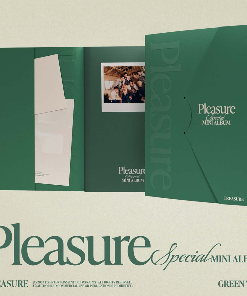 TREASURE - SPECIAL MINI ALBUM [PLEASURE] [GREEN VER.] - Album Kpop, couverture verte “Pleasure” sur fond clair