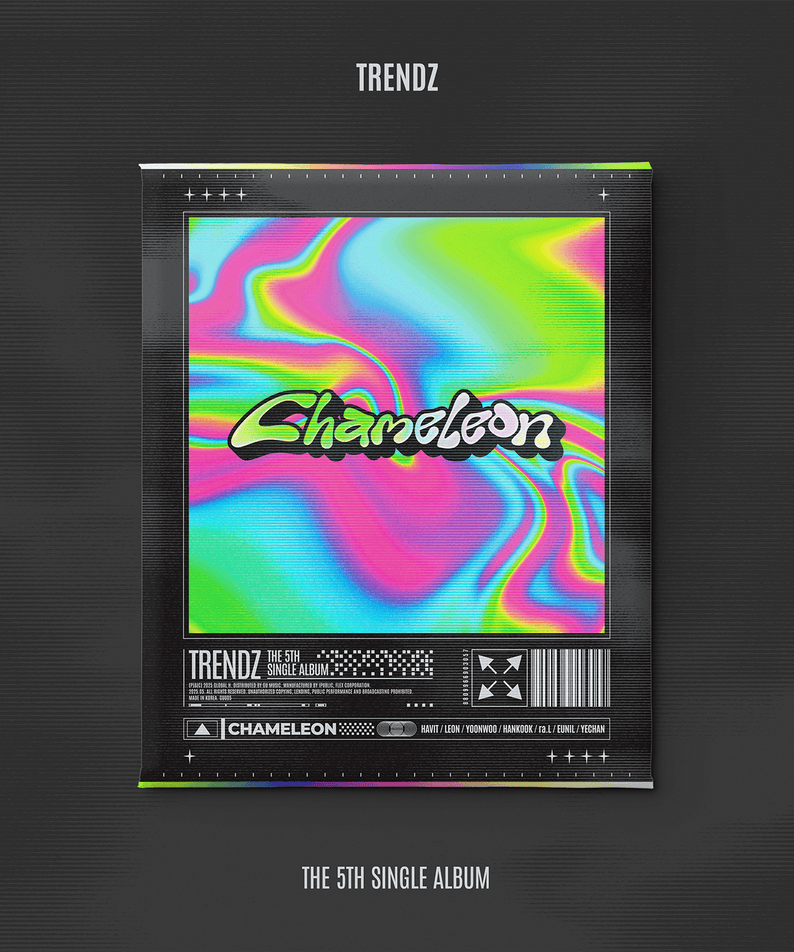 TRENDZ - 5th Single Album [Chameleon] - Album Kpop, pochette sur fond sombre, design coloré néon, visuel album.