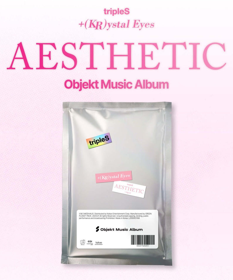 TRIPLES - [+(KR)ystal Eyes (AESTHETIC)] (Objekt Music Album) - Album Kpop, pochette argentée sur fond rose pastel
