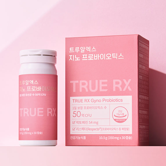 TRUE RX Gyno Probiotics 1 box, marque TRUE RX, flacons et boîte sur fond rose, vue produit en contexte beauté