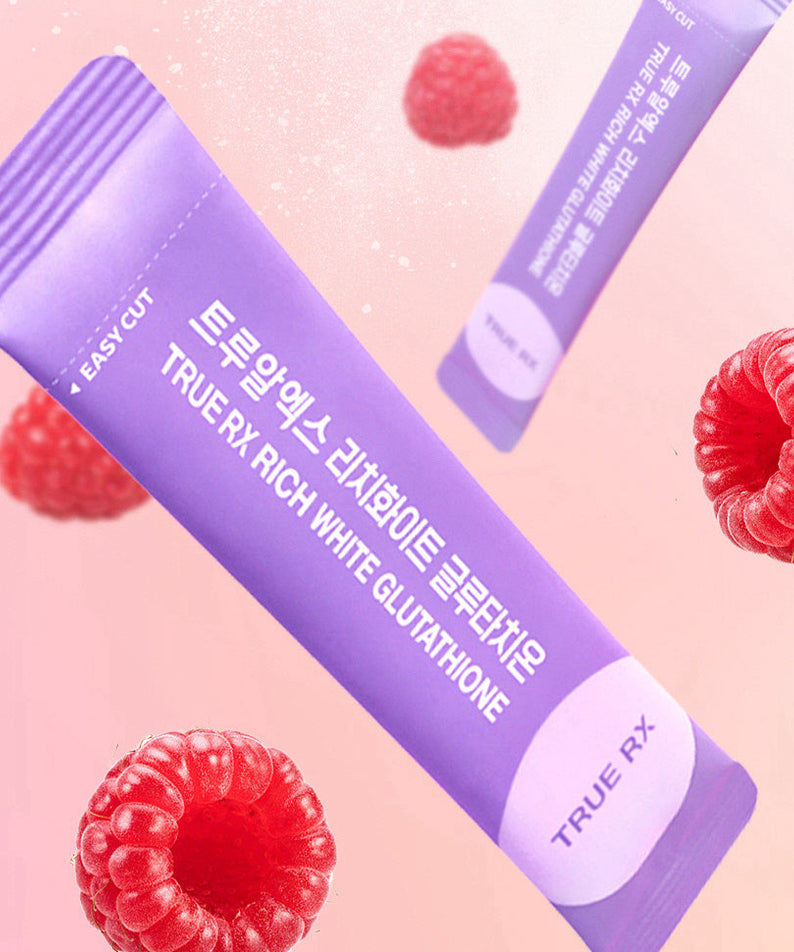 TRUE RX Rich White Glutathione 10 packs de la marque TRUE RX, visuel avec framboises et fond rose