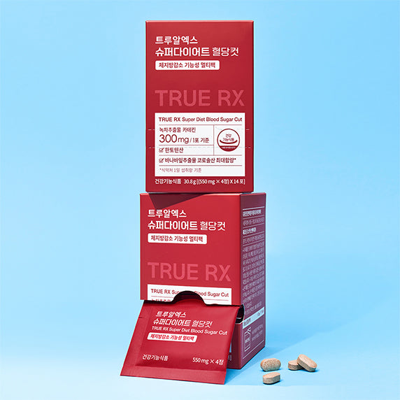 TRUE RX Super Diet Blood Sugar Cut 1 BOX, boîte marque TRUE RX sur fond bleu, contexte produit en pack