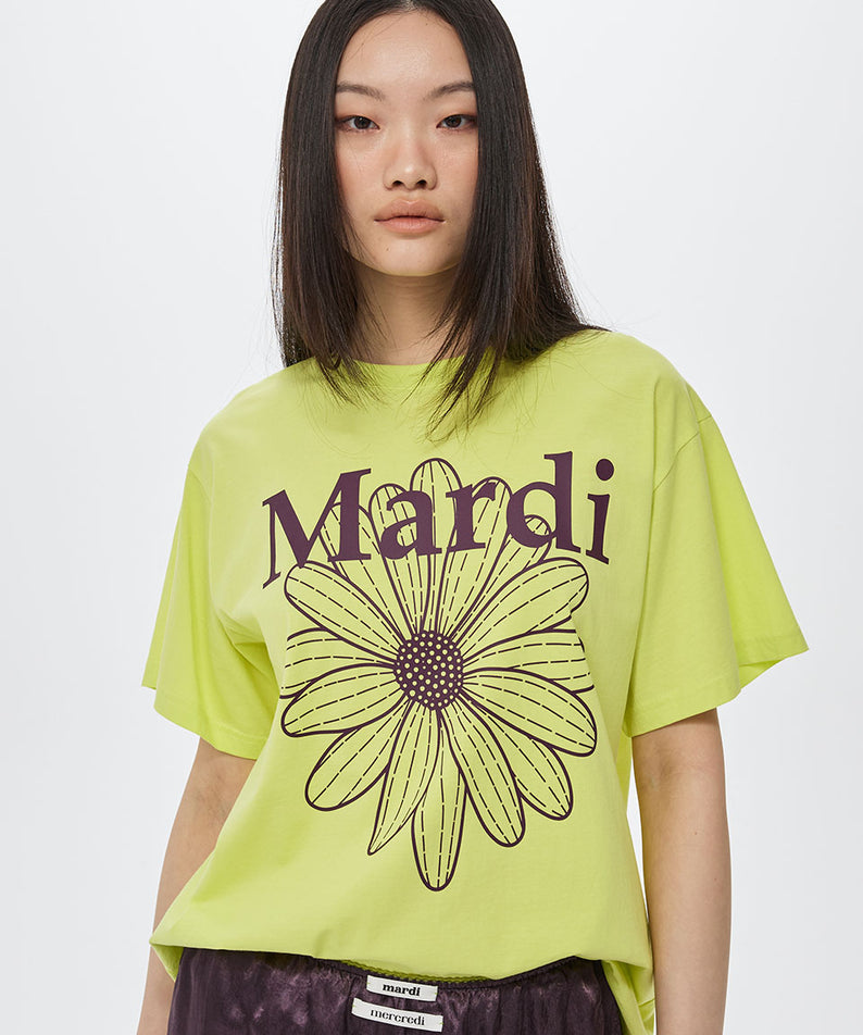 TSHIRT FLOWERMARDI_YELLOW PLUM, T-shirt Mardi Mercredi jaune lime, fleur “Mardi” imprimée, style chic décontracté
