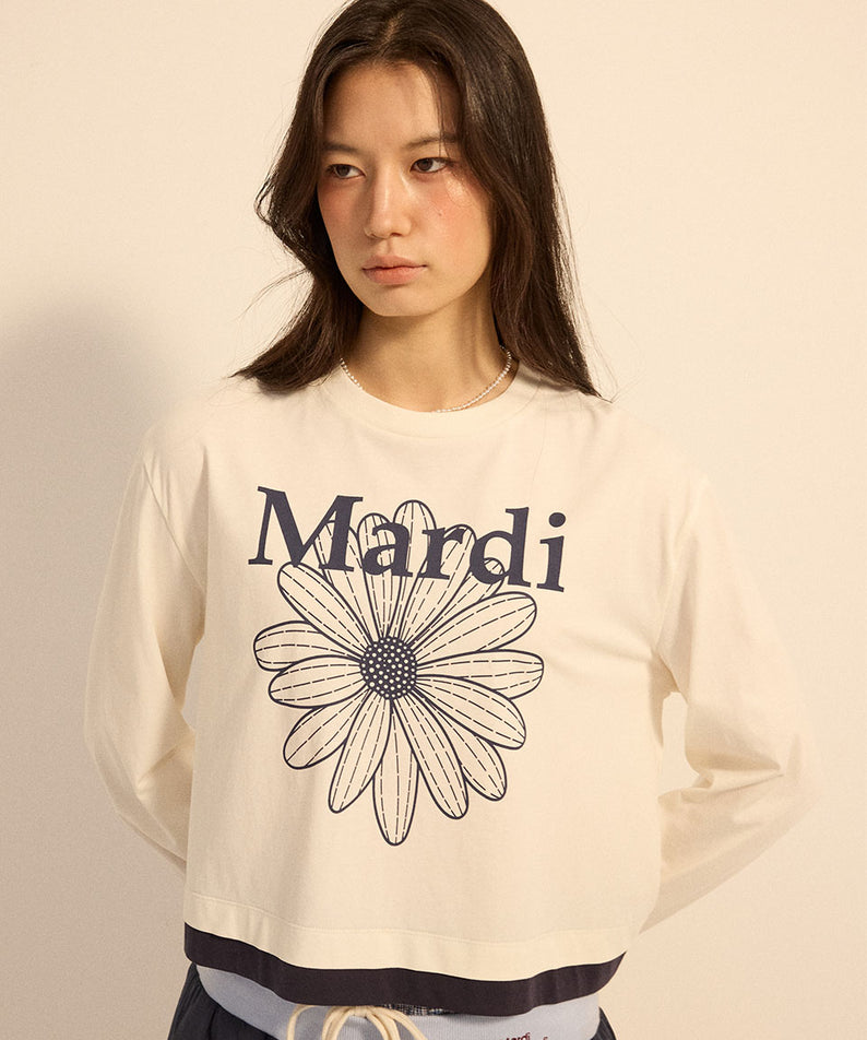TSHIRT LONG SLEEVE FLOWERMARDI LAYERED DETAIL_CREAM NAVY Mardi Mercredi, t-shirt manches longues crème et marine fleuri