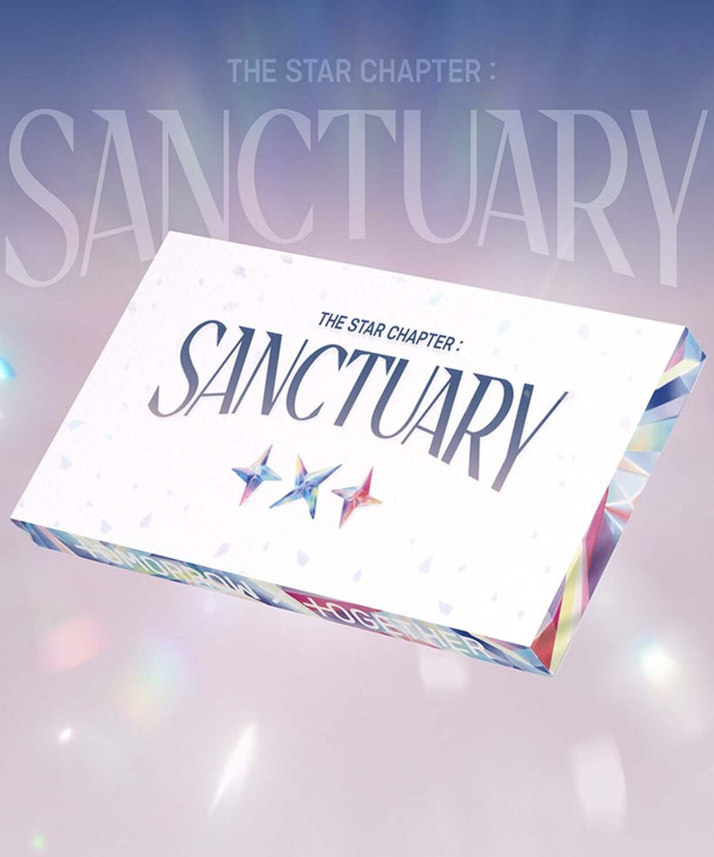TXT - [ : SANCTUARY] (ANGEL Ver.) (Random) - Album Kpop : coffret holographique « SANCTUARY » avec étoiles, fond pastel.