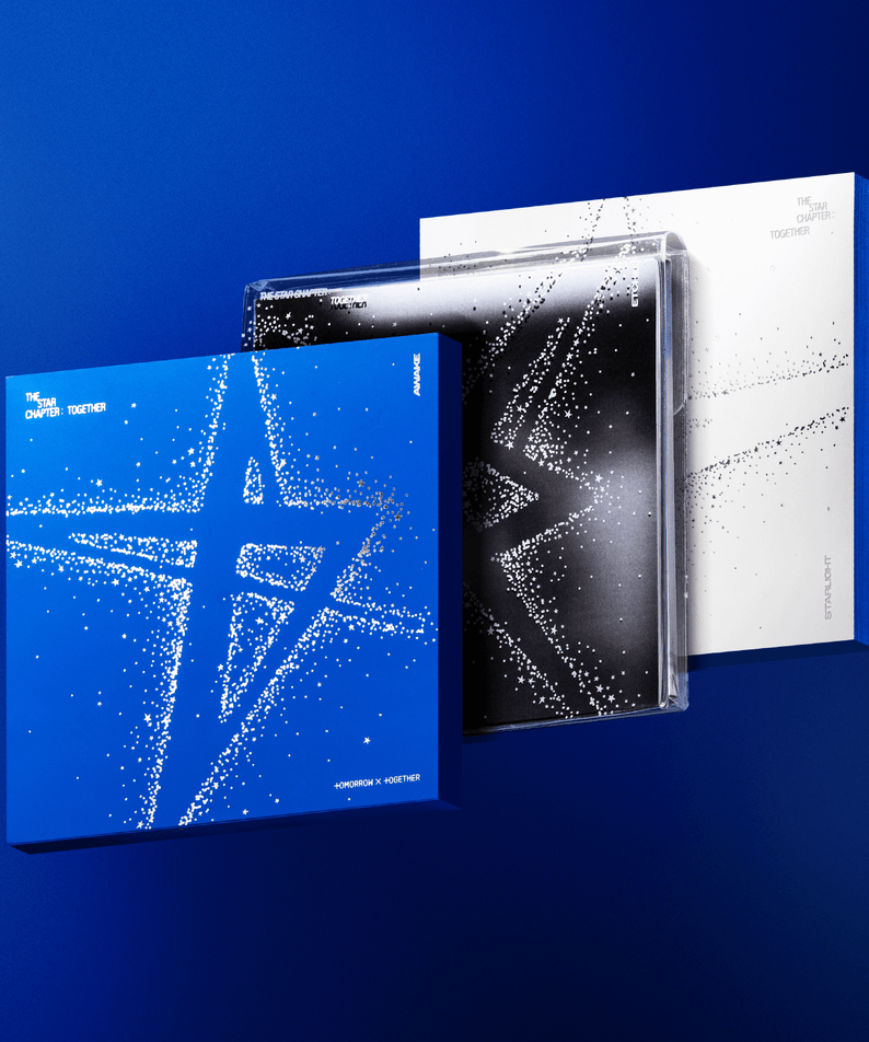 TXT - [ : TOGETHER] (Random 1 of 3) - Album Kpop TXT, pack de photos bleu sur fond bleu, boîtiers CD visuels.