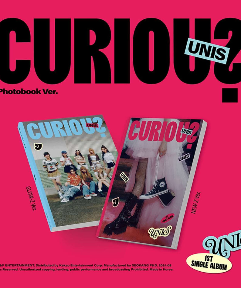 UNIS - 1st Album [CURIOUS] (Photobook Ver.) (Random) - Album Kpop : photobook « CURIOUS » sur fond rose, visuels UNIS