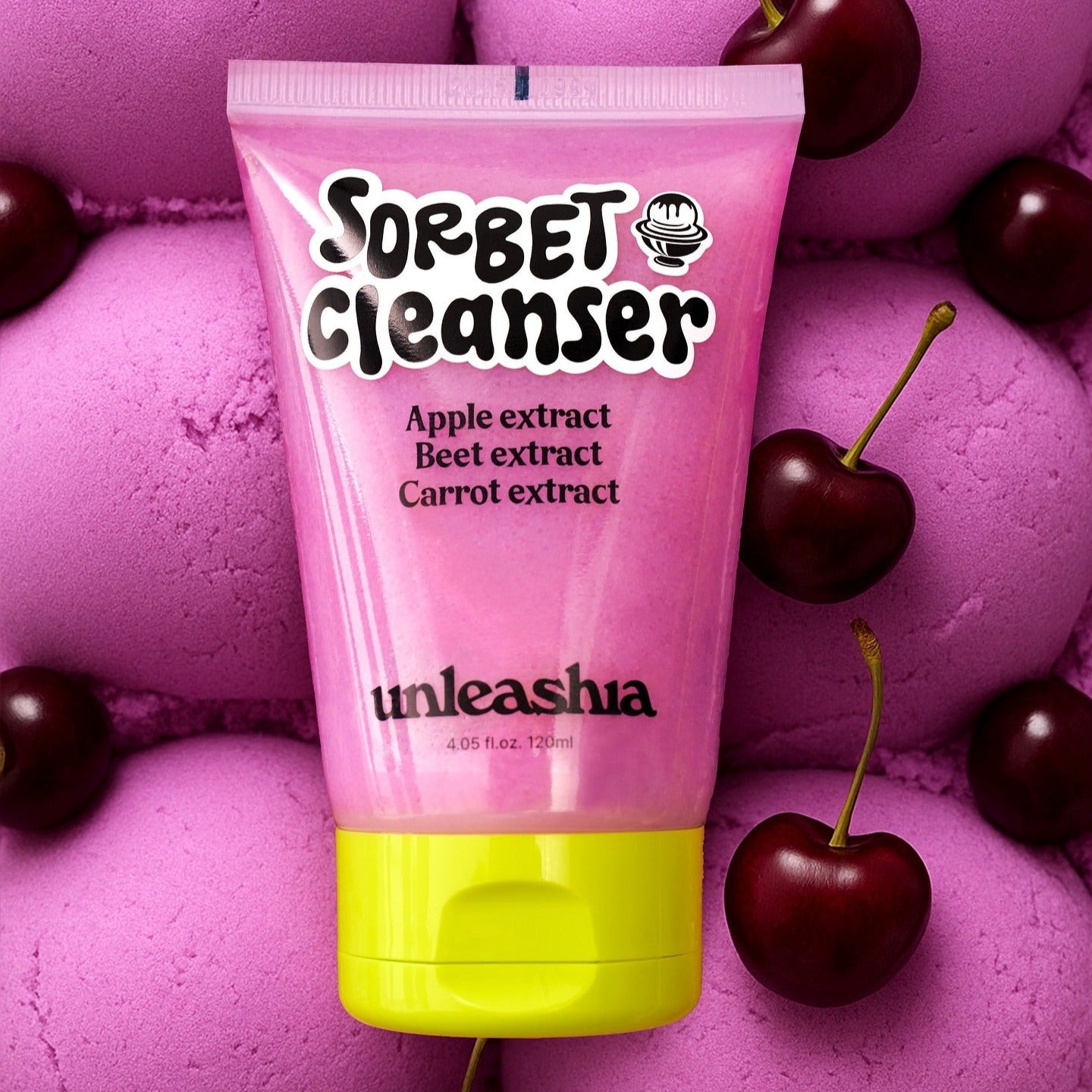 UNLEASHIA ABC Sorbat Facial Cleanser 120ml : tube rose “Sorbet Cleanser” sur fond violet, cerises et poudre, produit démaquillant.