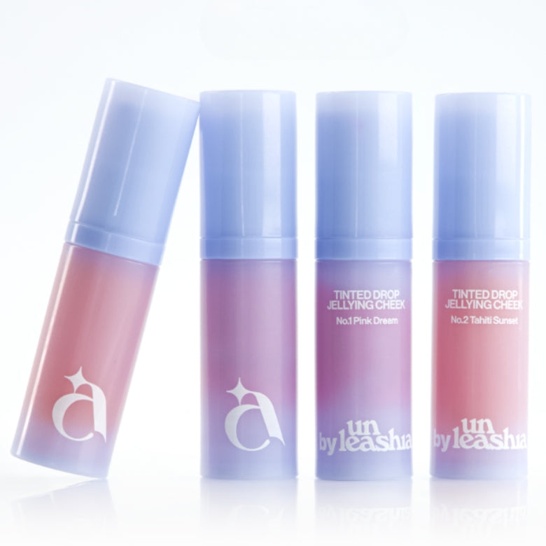 UNLEASHIA Power Tinted Drop Gelling Cheek, tubes dégradés sur fond blanc, maquillage blush gel teinté de la marque