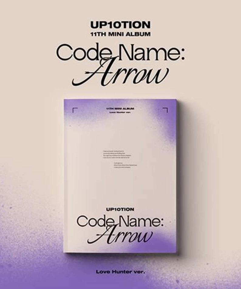 UP10TION - 11th [Code Name: Arrow] (Love Hunter ver.) - Album Kpop, pochette violette, arrière-plan flou, visuel promo.