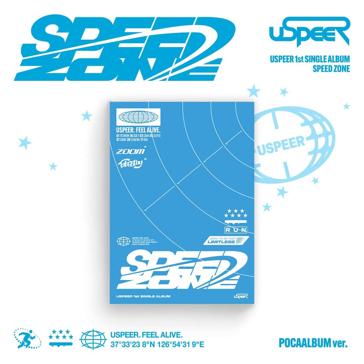 USPEER - 1st SINGLE ALBUM [SPEED ZONE] (POCA ALBUM ver.) - Album Kpop, pochette bleue avec visuel SPEED ZONE