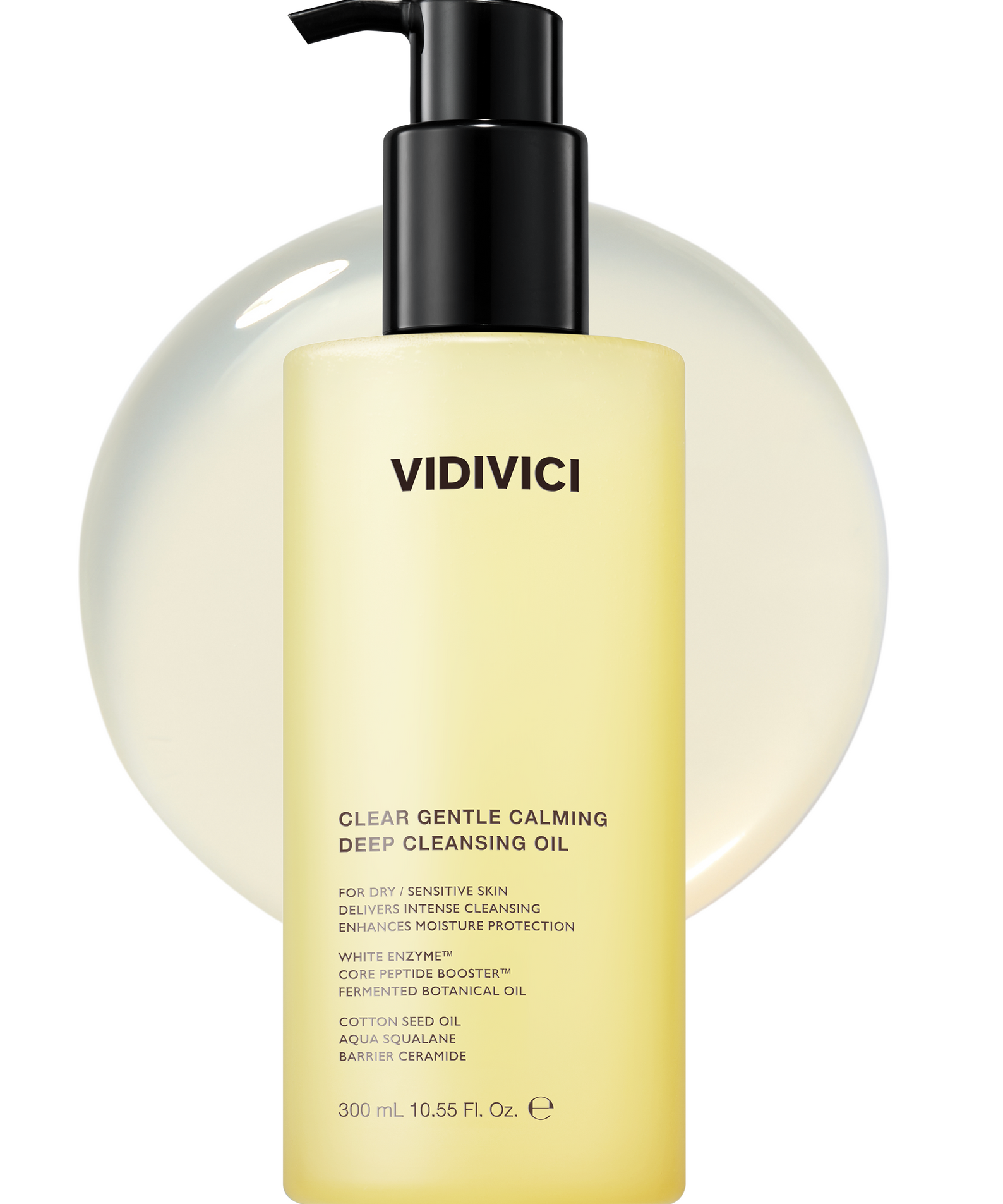 VIDIVICI Clear Gentle Calming Deep Oil 300ml, flacon pompe noir sur fond blanc, huile calmante de la marque VIDIVICI