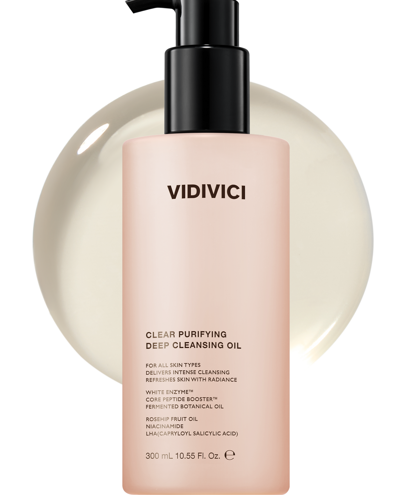 VIDIVICI Clear Pureifying Deep Cleansing Oil 300ml, flacon pompe noir sur fond blanc, huile démaquillante purifiante.