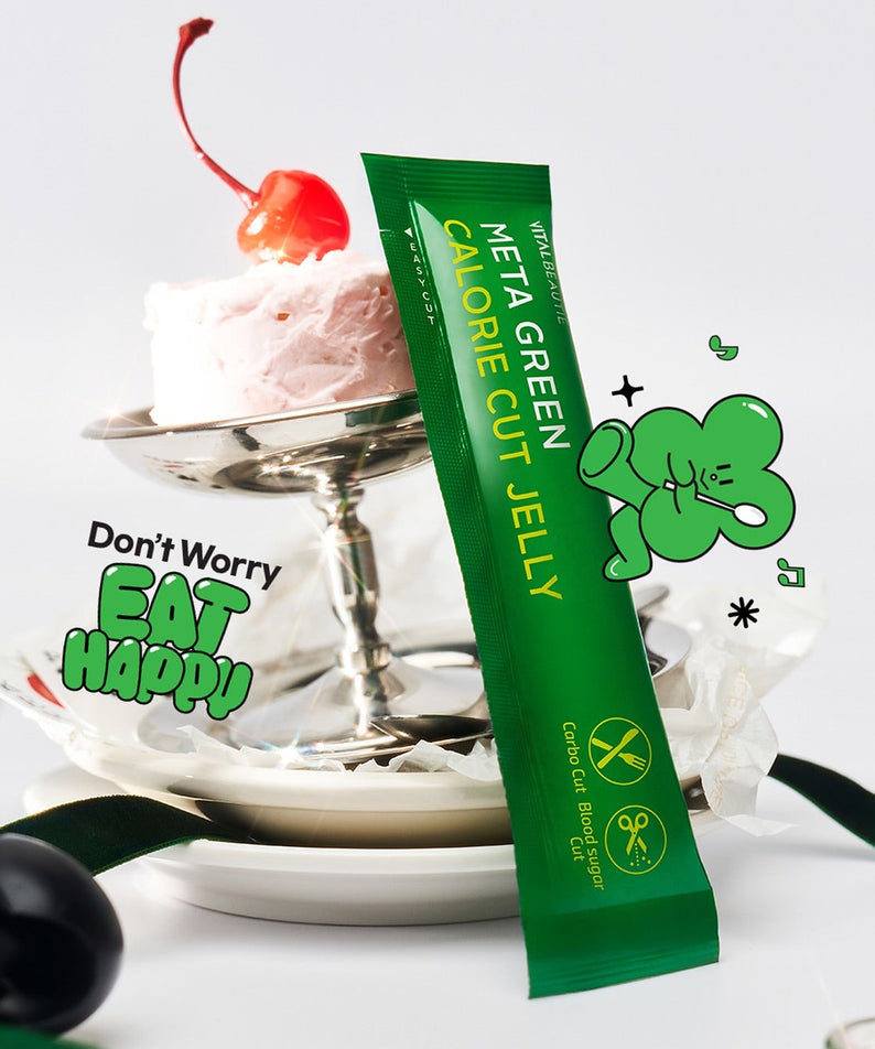 VITAL BEAUTIE Meta Green Calorie Cut Jelly 10 packets : sachet vert sur fond blanc, bonbons et bol, marque visible