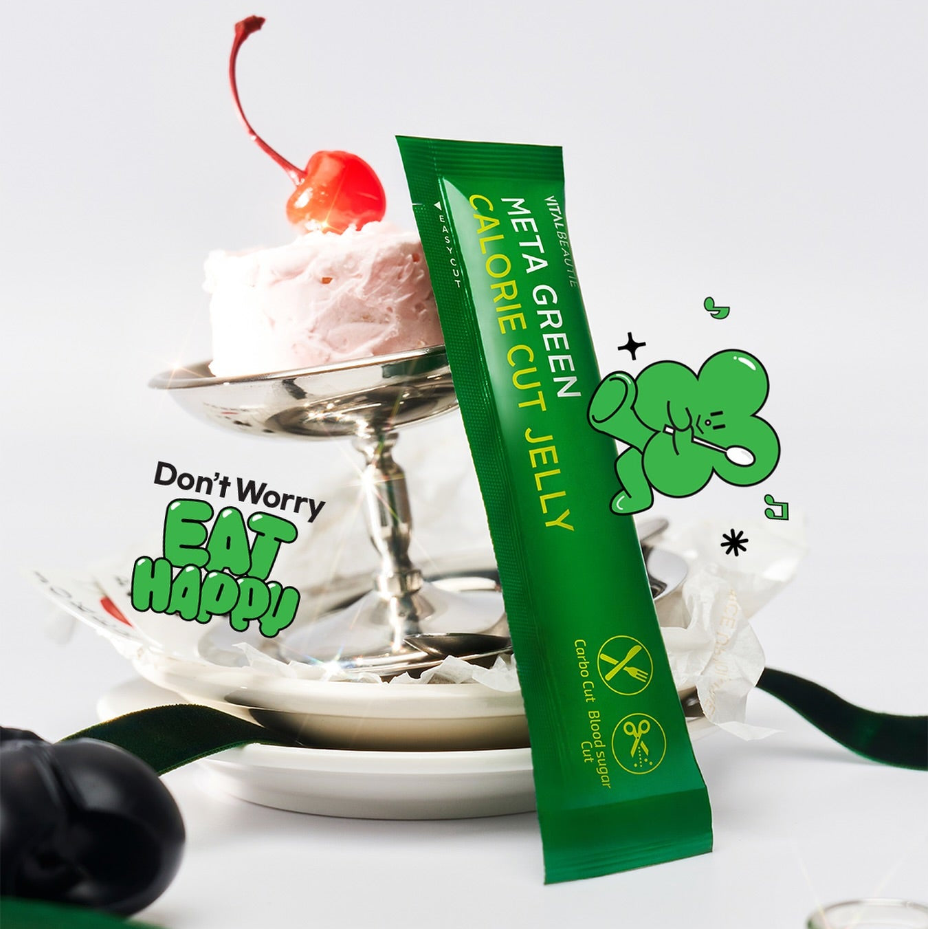 VITAL BEAUTIE Meta Green Calorie Cut Jelly 10 packets : sachet vert sur fond blanc, bonbons et bol, marque visible