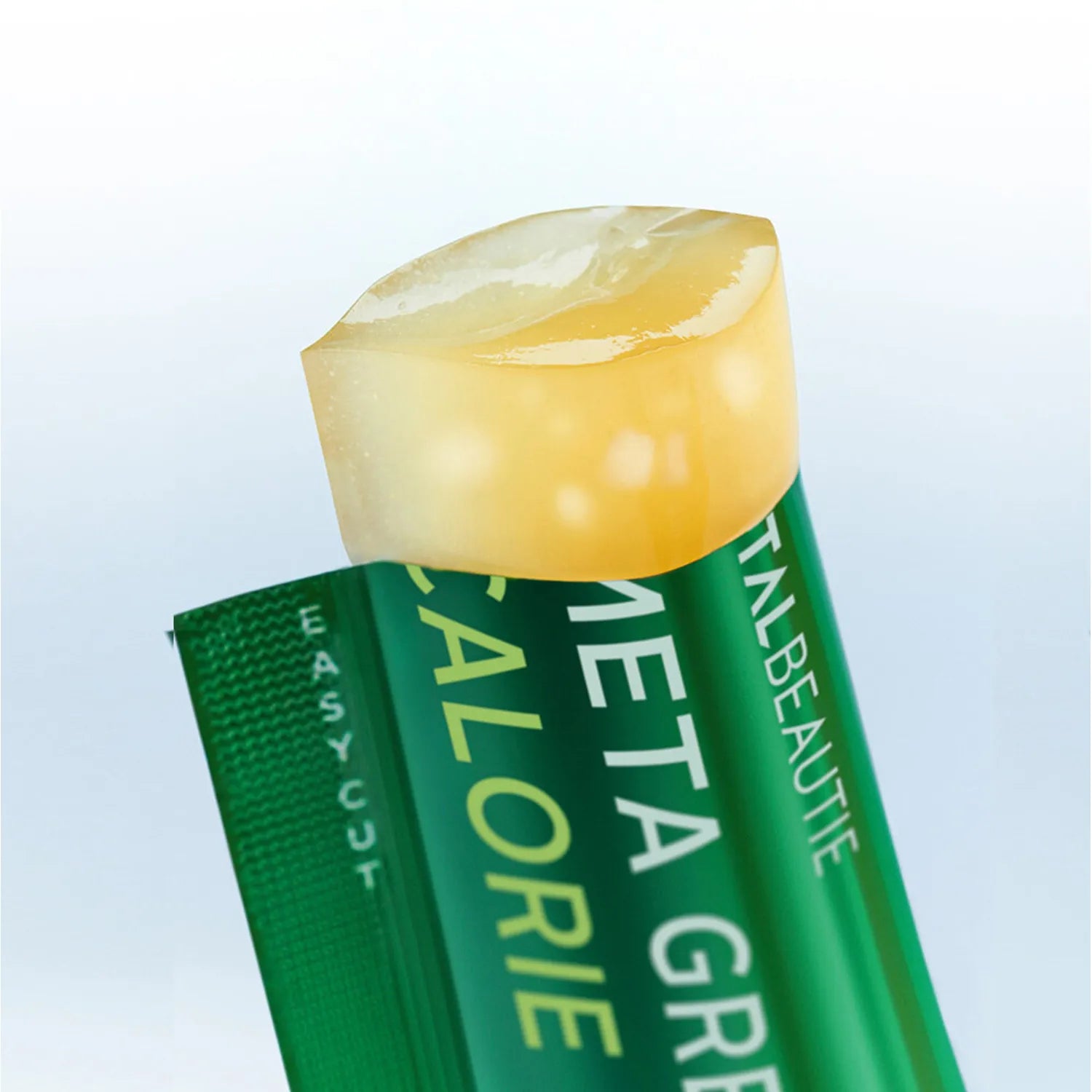 VITALBEAUTIE Meta Green Calorie Cut Jelly 10 Packets : photo produit marque verte, gelée jaune, contexte flacon et boîte.