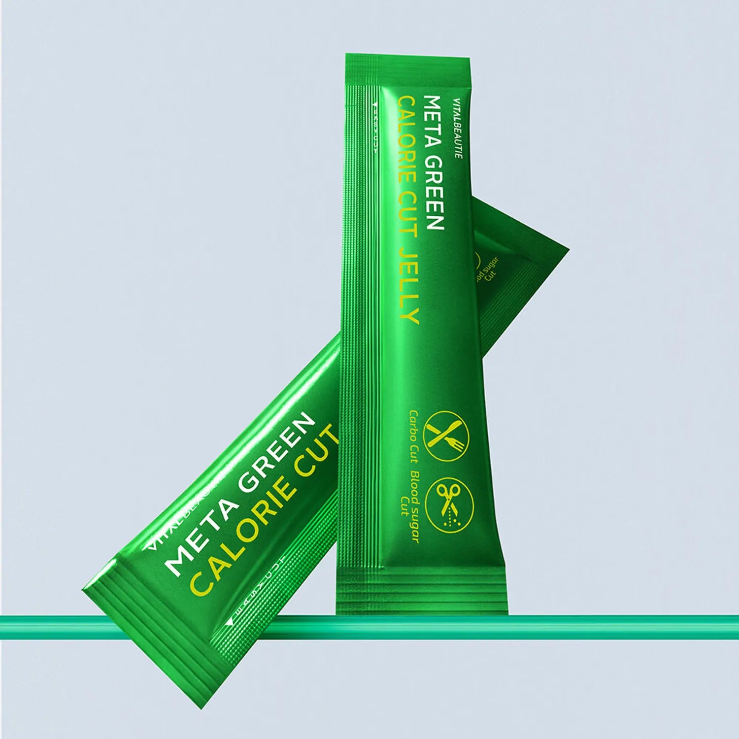 VITALBEAUTIE Meta Green Calorie Cut Jelly 10 Packets, sachets verts sur fond clair, marque visible, format photo produit.