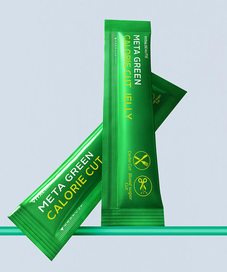 Paquets de VITALBEAUTIE Meta Green Calorie Cut Jelly, complément alimentaire amaigrissant.