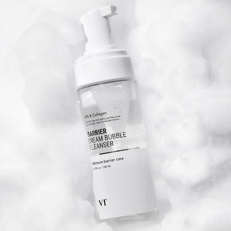 VT COSMETIC Barrier Cream Bubble Cleanser 140ml de la marque VT, flacon blanc sur fond clair, image produit en gros plan