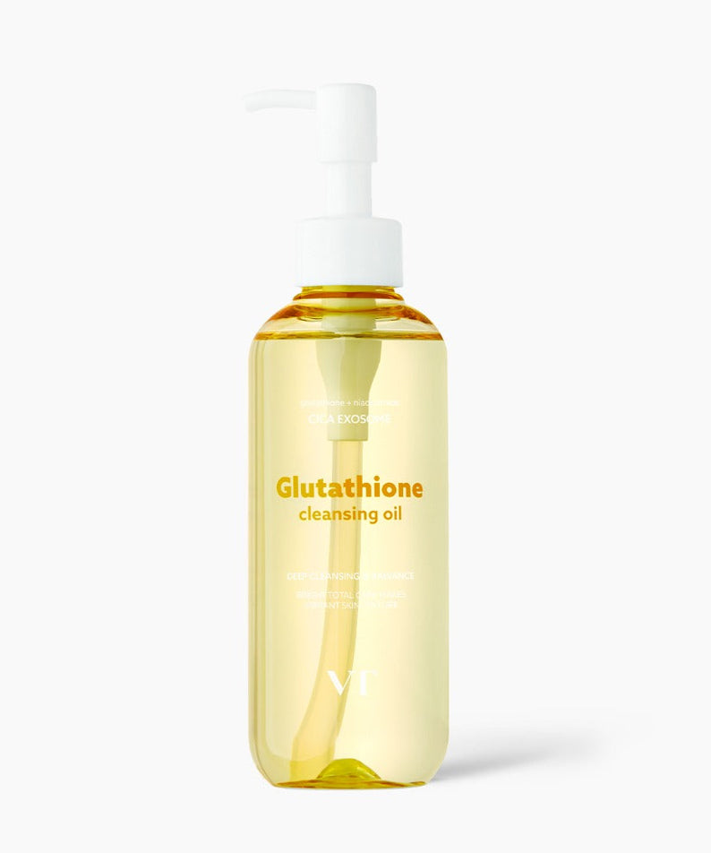 VT COSMETIC Glutathione Glow Cleansing Oil 200ml, flacon huile nettoyante jaune sur fond blanc, marque VT Cosmetics