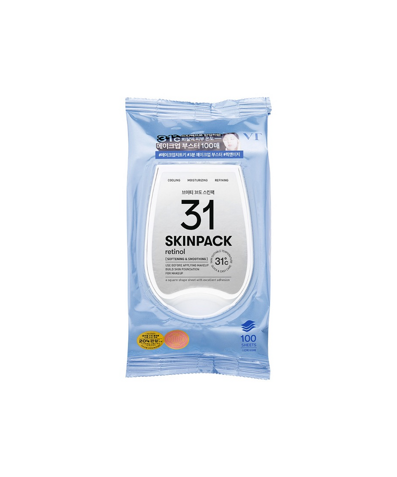 VT COSMETICS 31°C Skin Pack 100p 210g, sachet de produit sur fond clair, marque et pack en gros plan.