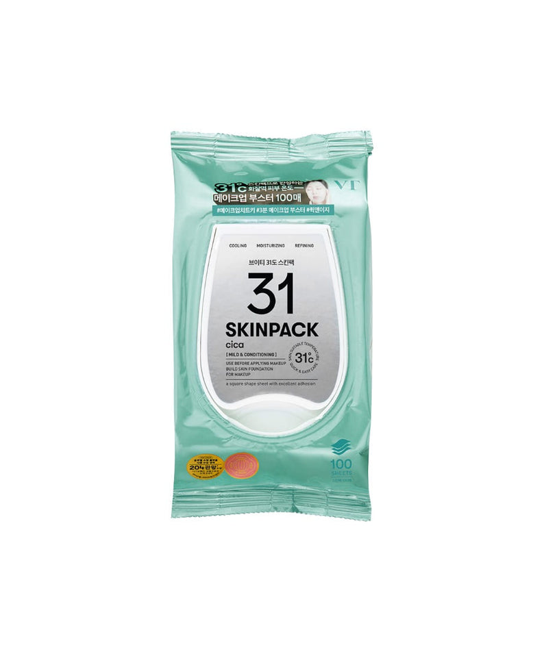 VT COSMETICS 31°C Skin Pack 100p 210g, sachet de masque hydratant vert sur fond blanc, visuel produit