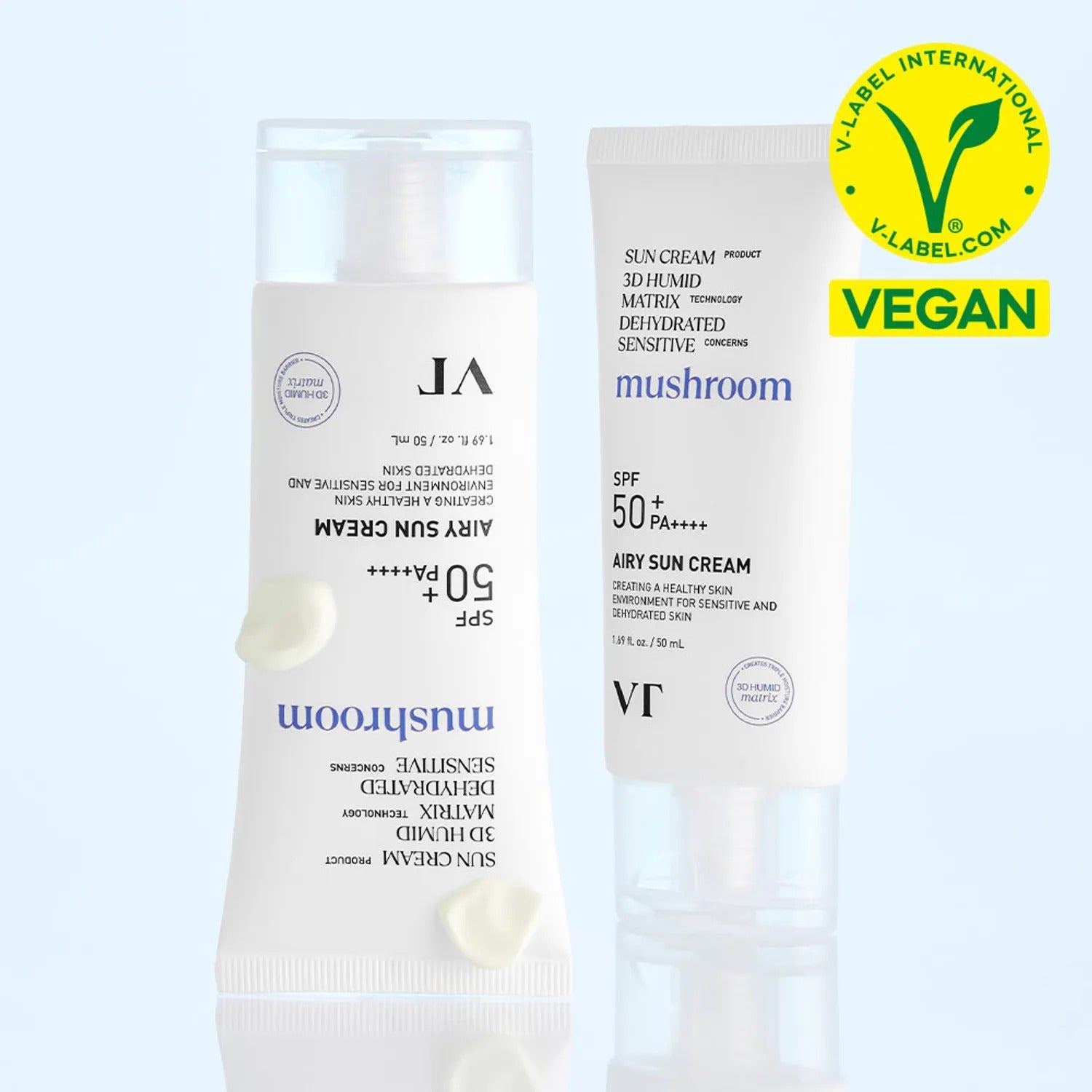 VT COSMETICS Airy Sunscreen 50ml de VT Cosmetics, crème solaire SPF50+ sur fond clair, flacons vegan.