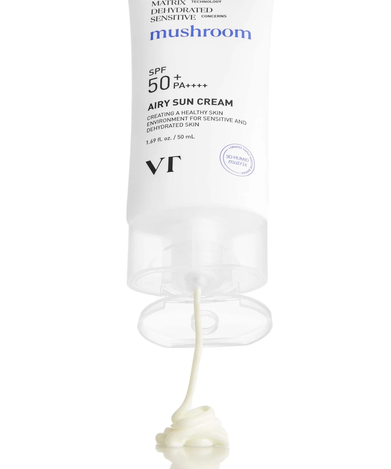 VT COSMETICS Airy Sunscreen 50ml, tube blanc sur fond clair : crème solaire légère VT, contexte cosmétique.