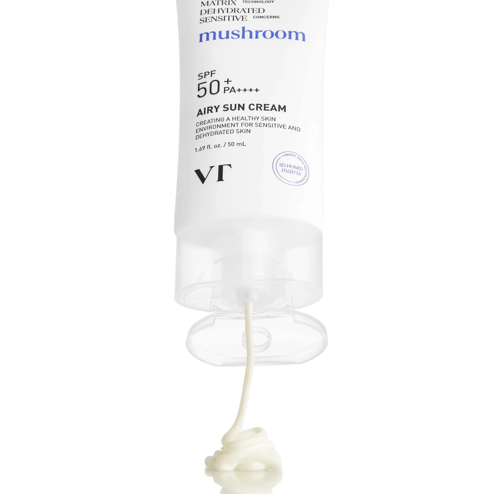 VT COSMETICS Airy Sunscreen 50ml, tube blanc sur fond clair : crème solaire légère VT, contexte cosmétique.