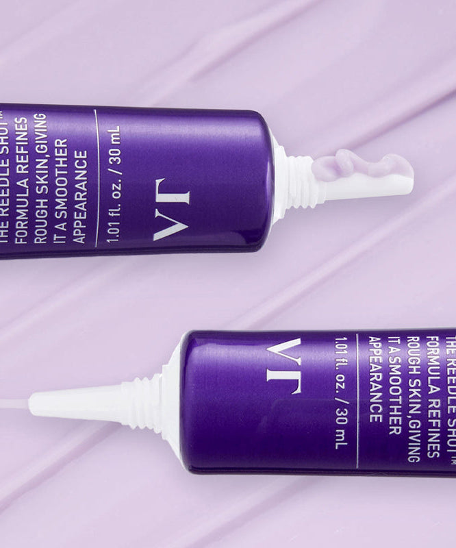 VT COSMETICS  Bakuchiol Riddle Shot Cream 30ml, flacons violets sur fond violet, crème hydratante prête à appliquer.