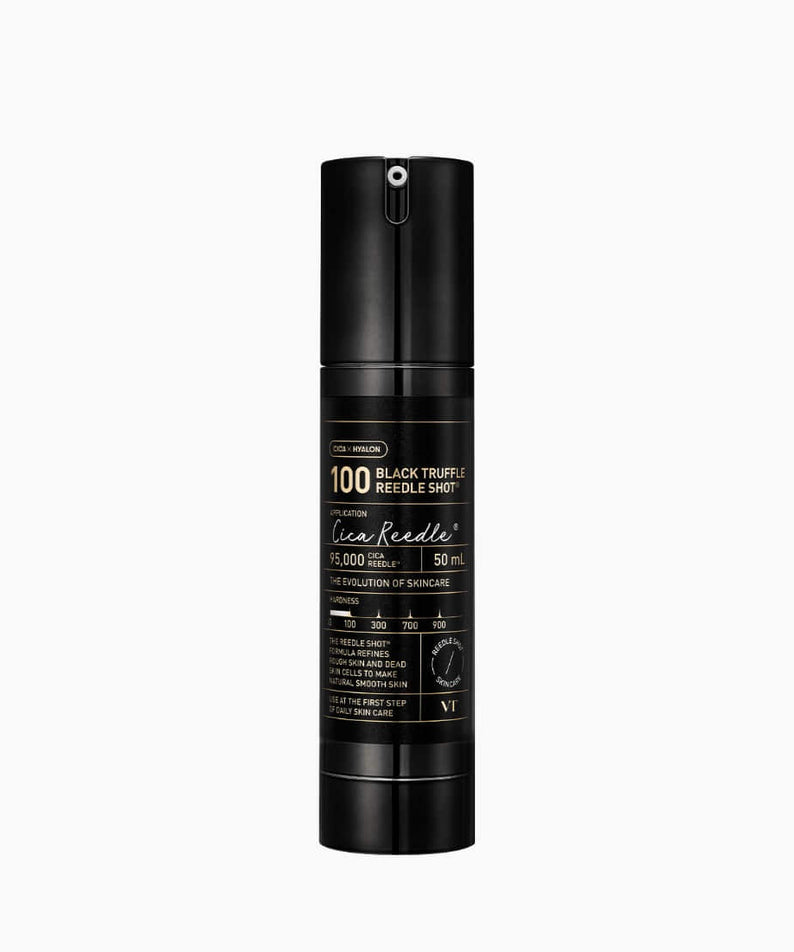 VT COSMETICS Black Truffle Reedle Shot® 100 - 50ml, flacon noir sur fond blanc, cosmétique marque VT en gros plan.