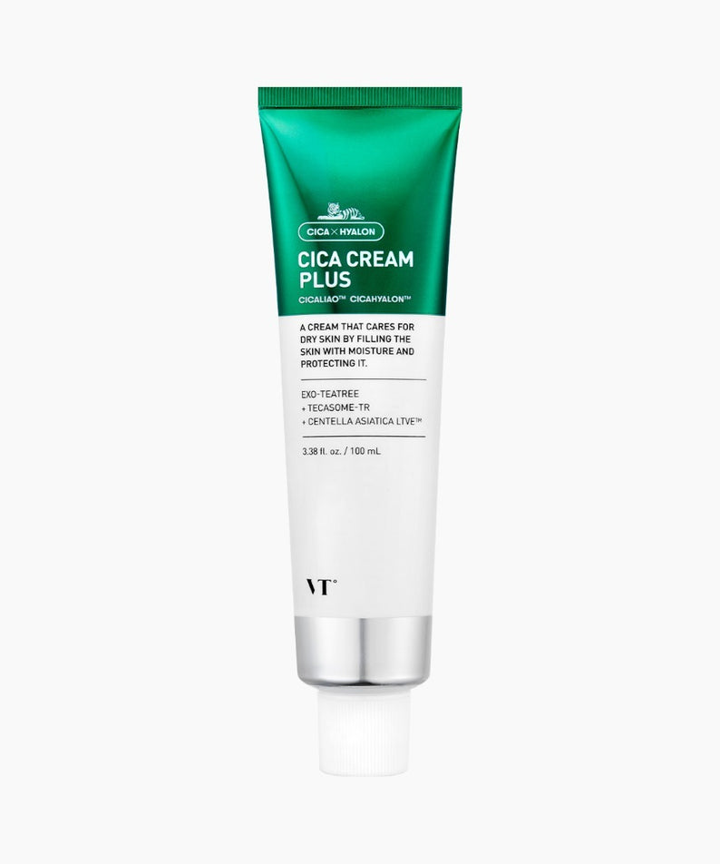 VT COSMETICS Cica Cream Plus - 100ml en tube vert/blanc sur fond clair, crème Cica apaisante