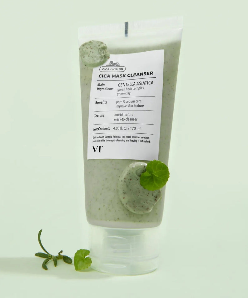VT COSMETICS Cica Mask Cleanser 120ml, flacon sur fond vert clair avec feuilles et extrait de cica (packshot produit)