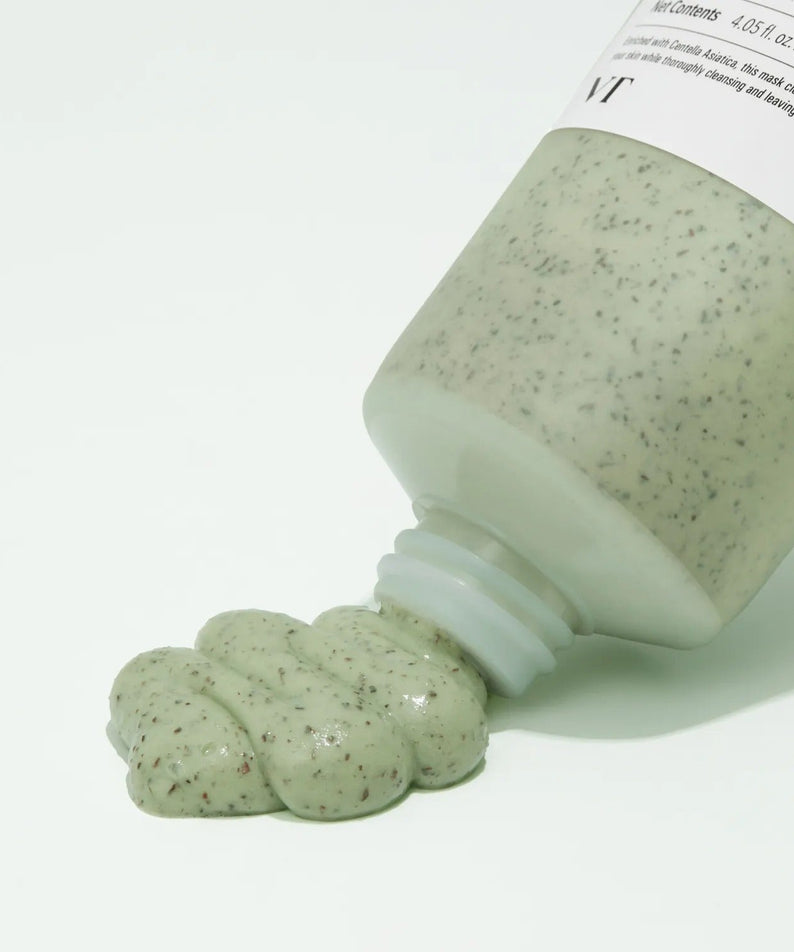 VT COSMETICS Cica Mask Cleanser 120ml, crème verte à la texture cica, flacon blanc sur fond clair, gros plan.