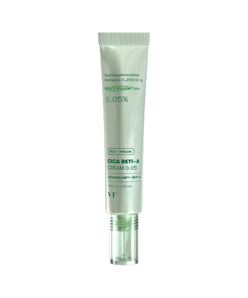 VT COSMETICS  Cica Reti-A Cream 0.05 30ml, tube vert sur fond blanc, crème réparatrice à la cica