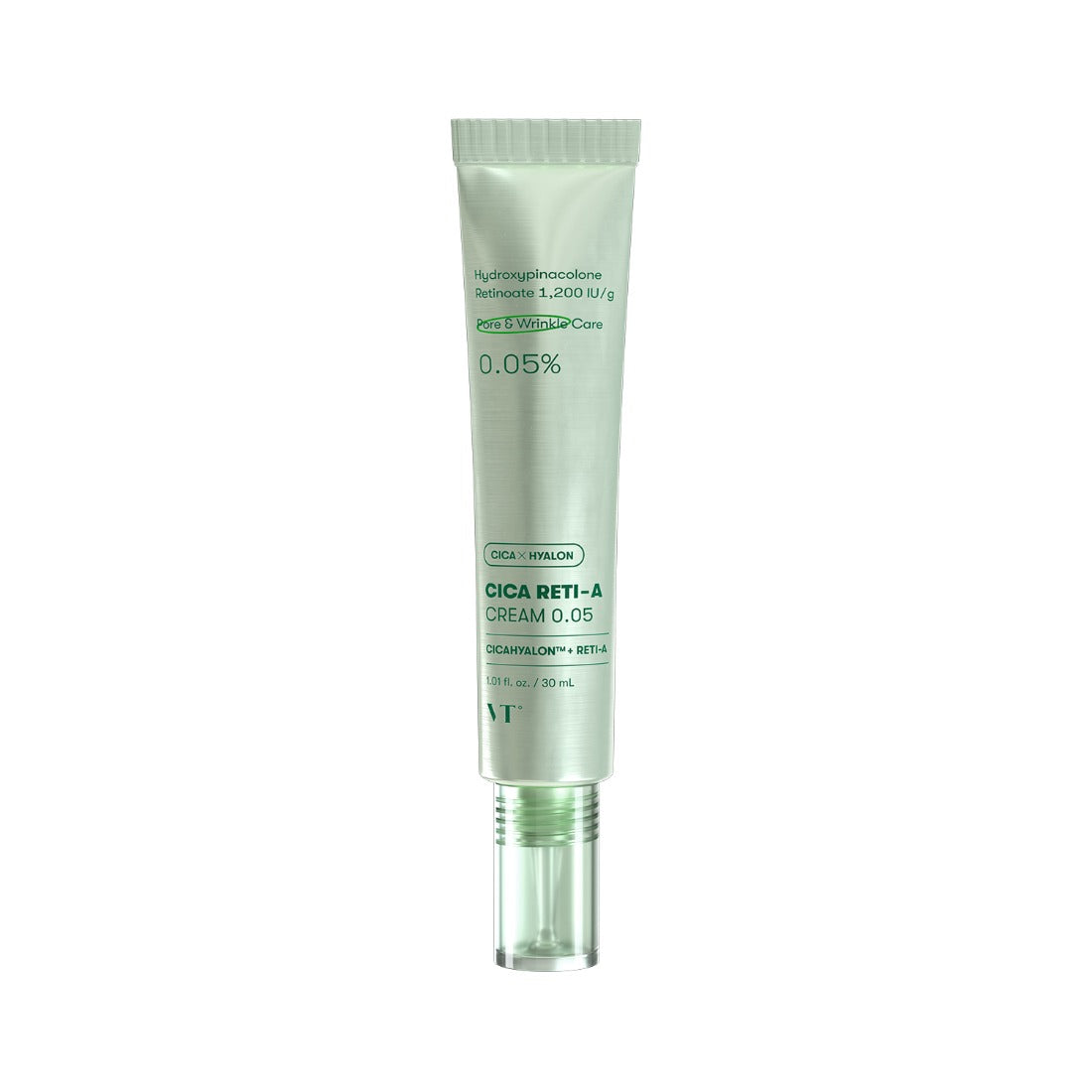 VT COSMETICS  Cica Reti-A Cream 0.05 30ml, tube vert sur fond blanc, crème réparatrice à la cica