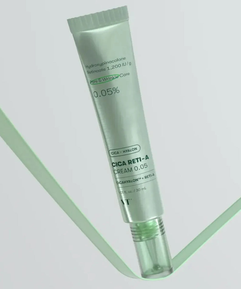 VT COSMETICS  Cica Reti-A Cream 0.05 30ml, tube crème cicatrisation Cica, fond blanc, visuel cosmétique clean.
