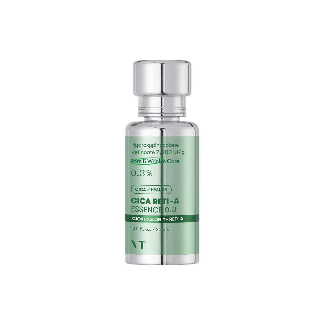 VT COSMETICS  Cica Reti-A Essence 0.3 30ml, flacon sérum vert VT sur fond blanc, style soin visage anti-imperfections.