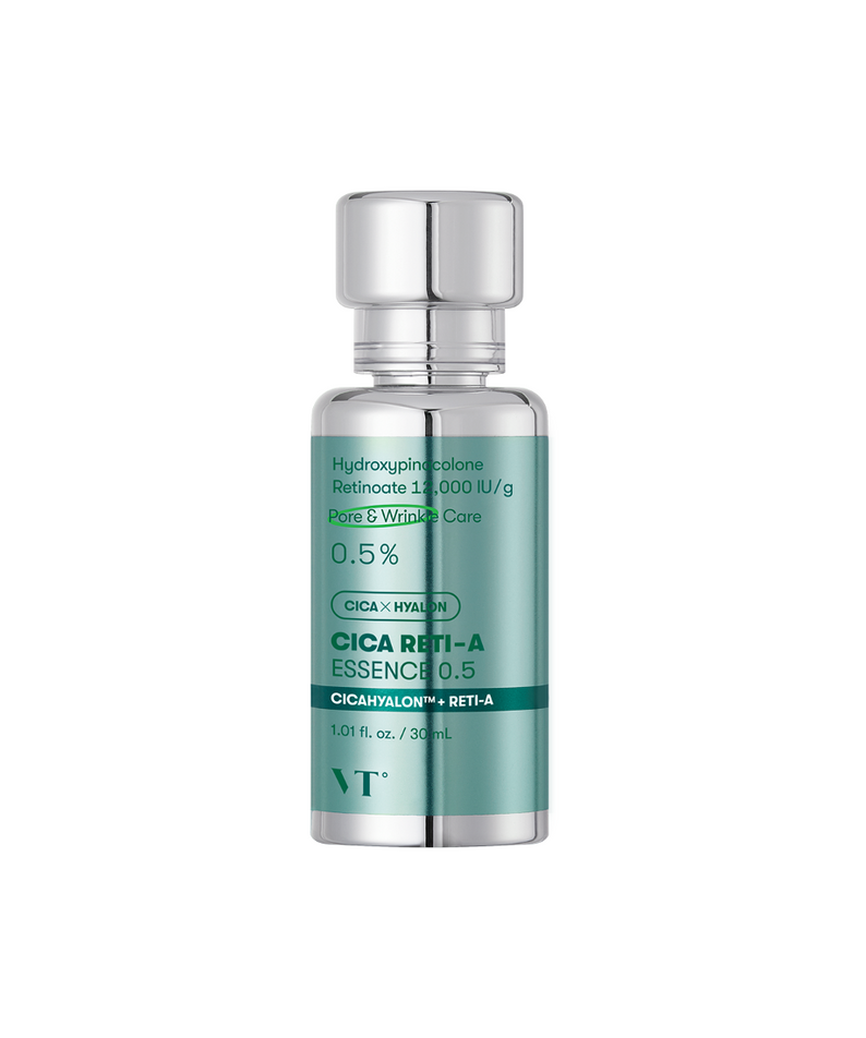 VT COSMETICS  Cica Reti-A Essence 0.5 30ml, flacon sérum cica sur fond blanc, marque VT COSMETIC, visuel produit.